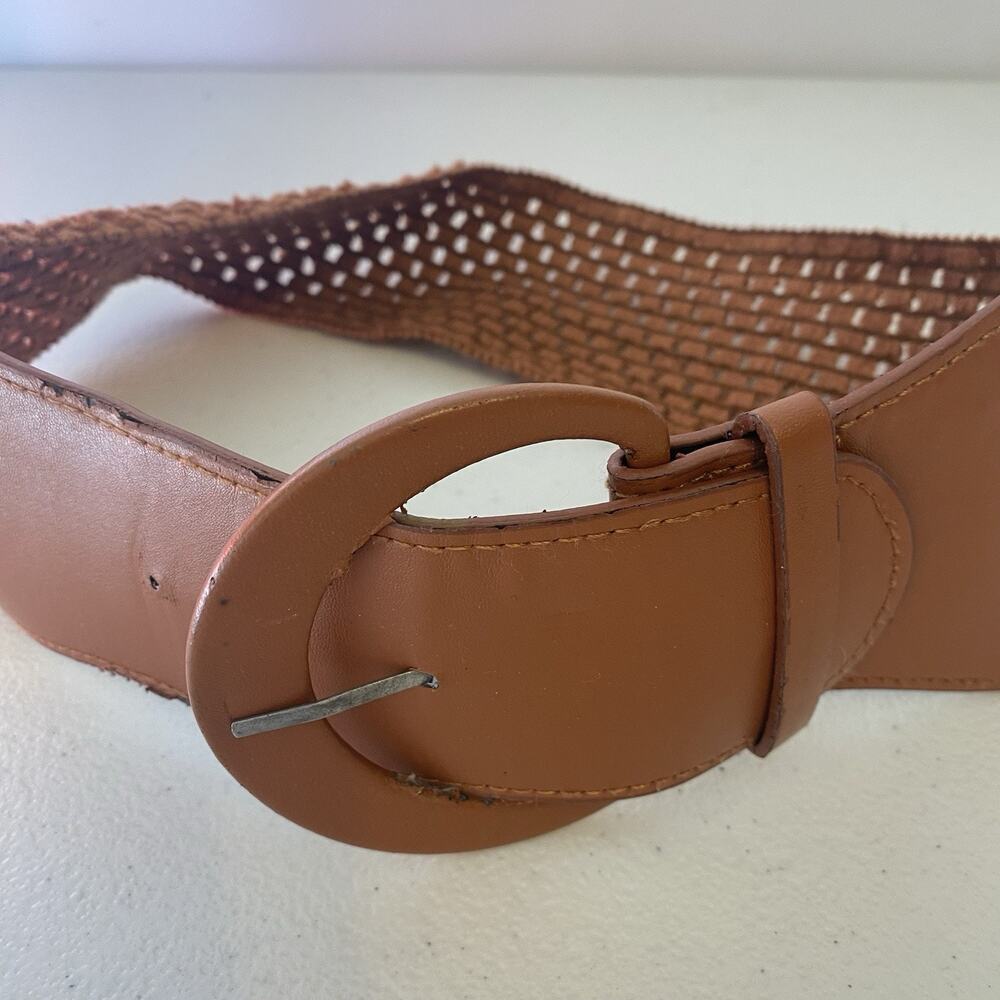 Vintage Brown Waffle Knit Yarn Elastic Belt Size Small Boho Y2K 90s Faux Leather